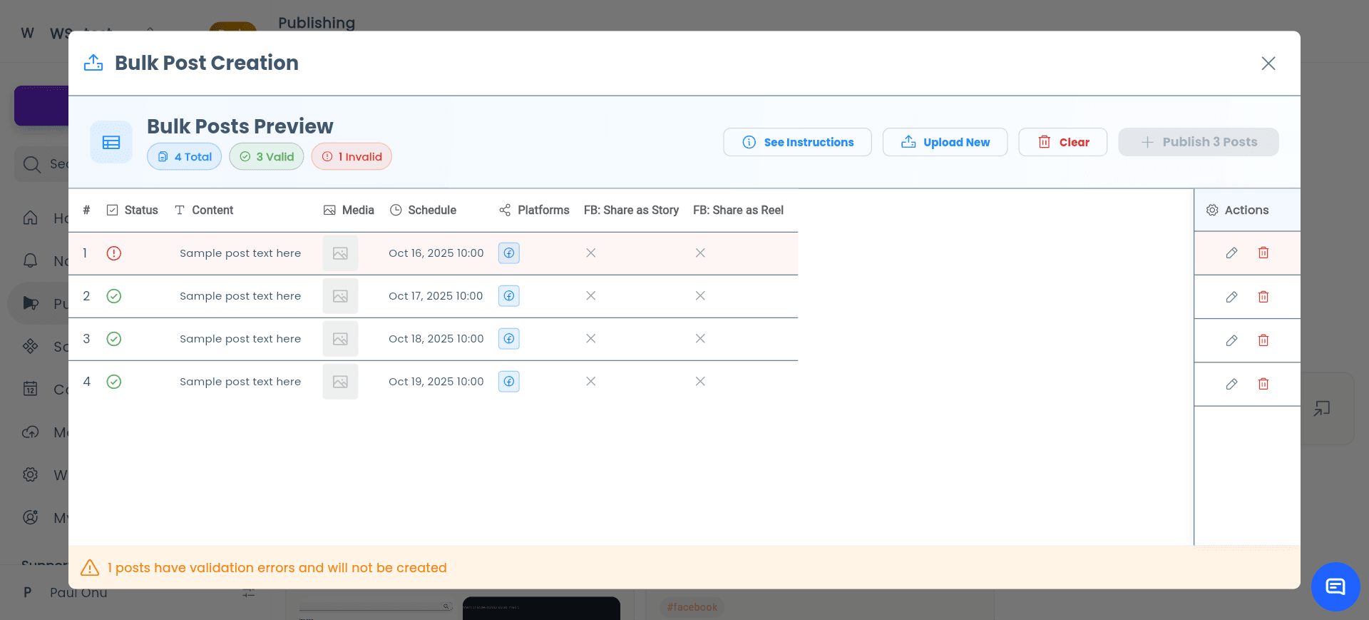 Postly dashboard – Bulk Post upload and validation