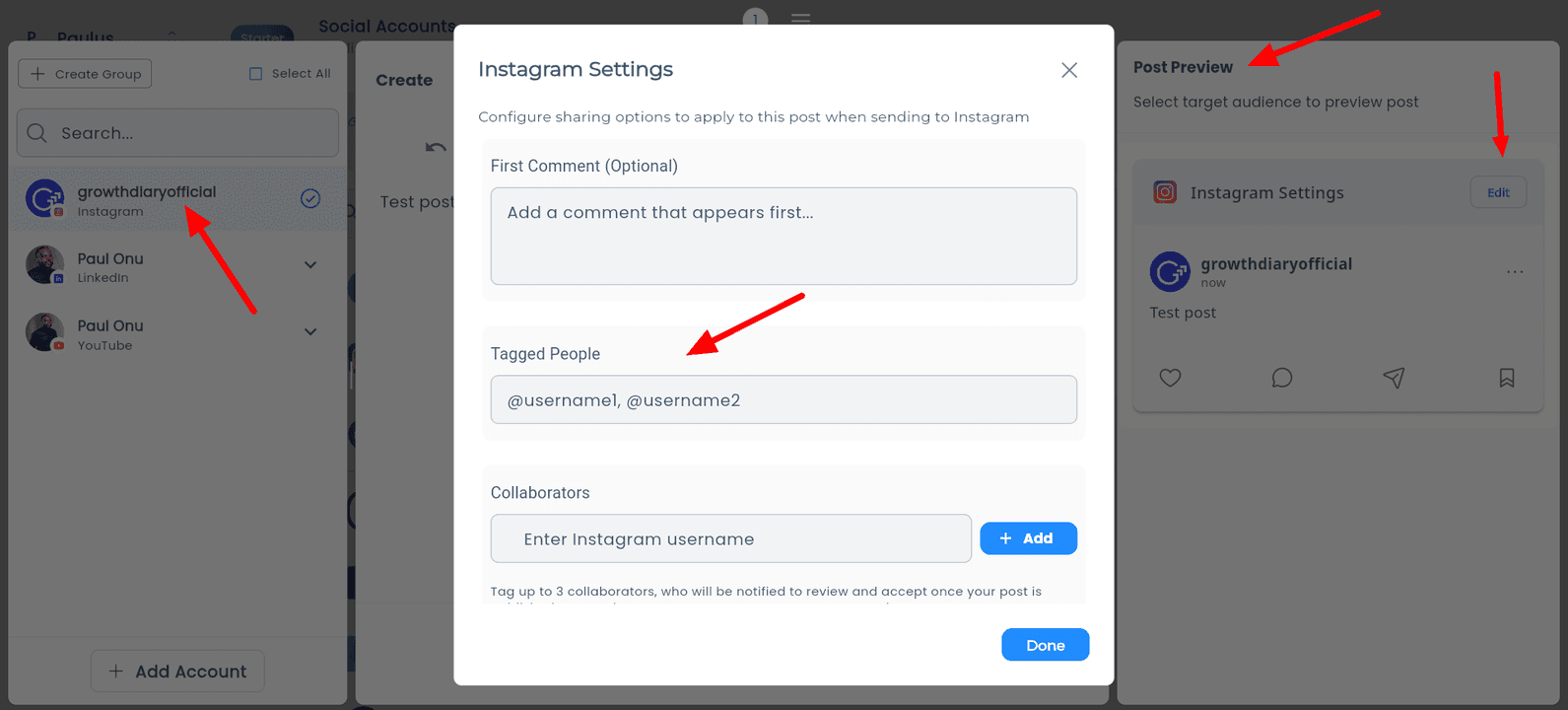 Postly dashboard guide showing how to add tagging from the Post Preview section.
